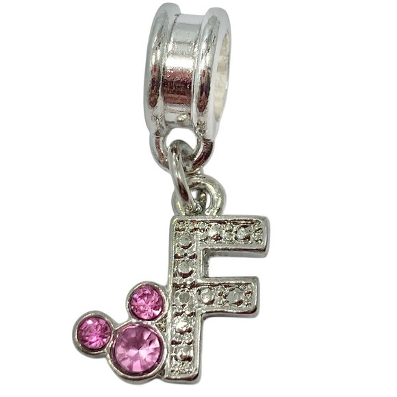 Vtg Disney Pink Crystal Mickey Mouse Ears European Slide Charm Initial Letter F - Picture 6 of 6